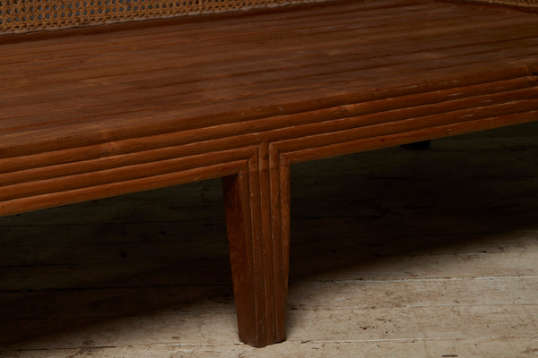 Pair of Nineteen Thirties Teak & Rattan Sofa Bench with Reeded Back & Legs