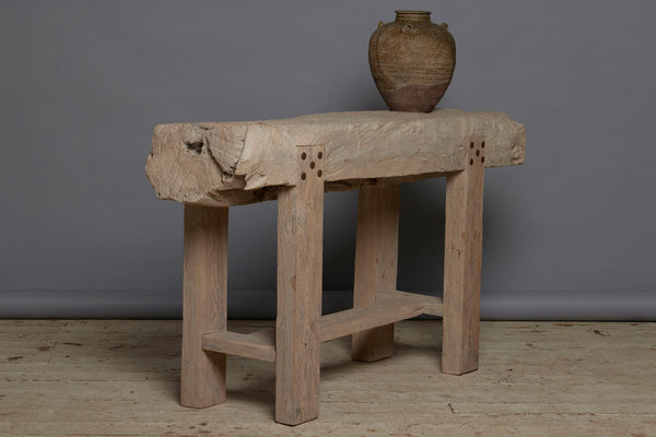 A Thick Top Weathered Teak Console Table with Square Cut Legs and a Stretcher Base