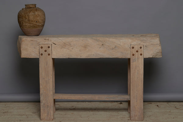 A Thick Top Weathered Teak Console Table with Square Cut Legs and a Stretcher Base