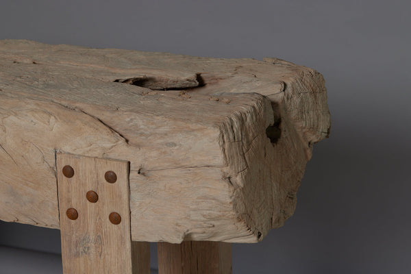 A Thick Top Weathered Teak Console Table with Square Cut Legs and a Stretcher Base