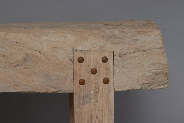 A Thick Top Weathered Teak Console Table with Square Cut Legs and a Stretcher Base