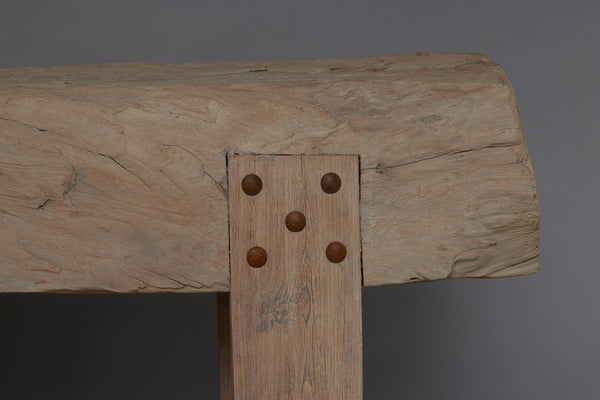 A Thick Top Weathered Teak Console Table with Square Cut Legs and a Stretcher Base