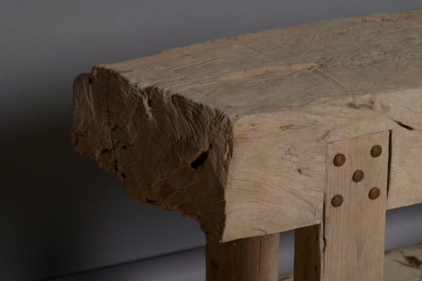 A Thick Top Weathered Teak Console Table with Square Cut Legs and a Stretcher Base