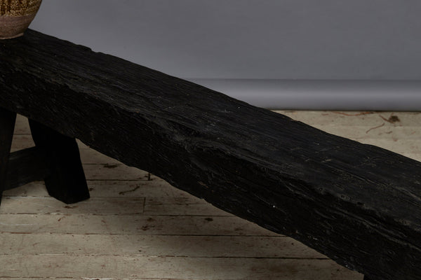 Long Chunky Top Ebonized Teak bench constructed from Bridge parts from Borneo