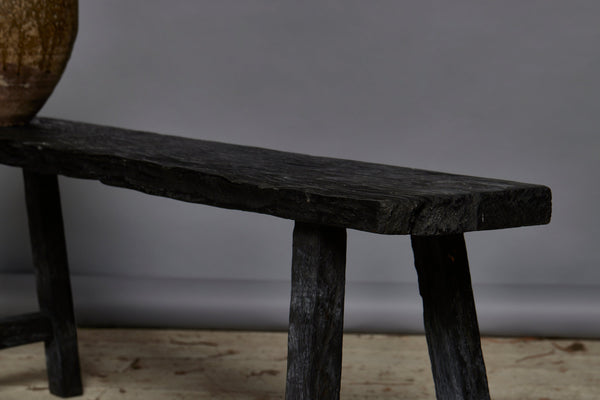 Medium Size Ebonized Teak Bench with Stretcher Base Legs