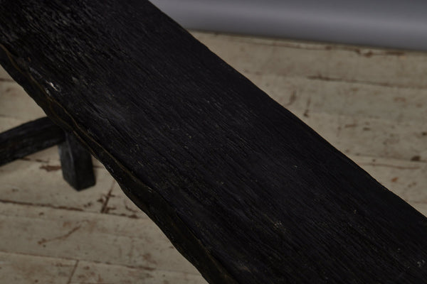 Medium Size Ebonized Teak Bench with Stretcher Base Legs
