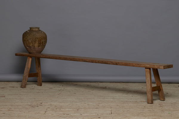 Long Skinnny Dutch Colonial Teak Bench with a Stretcher Base from Java