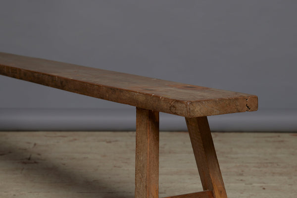 Long Skinnny Dutch Colonial Teak Bench with a Stretcher Base from Java