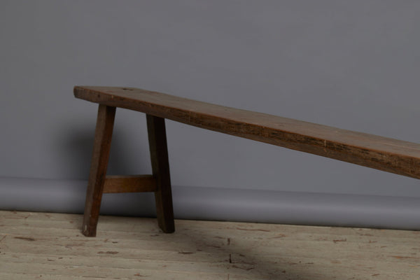 Long Skinny Thick Top Flat Teak Bench with a Splayed Stretcher Base