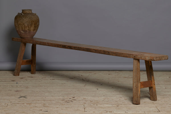 Extra Long Thick Top Skinny Splayed Leg Teak Bench from Jakarta