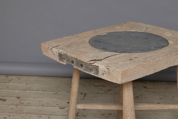 Round Tapered Leg Bleached Teak Side Table with a Round 18th Century Cut Belgian Blue Stone Insert