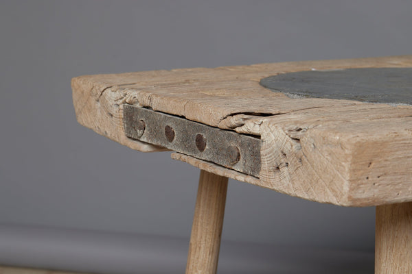 Round Tapered Leg Bleached Teak Side Table with a Round 18th Century Cut Belgian Blue Stone Insert