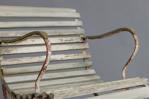 Iron and Wood Scroll Arm French Teak and Wood Garden Chair in Old White