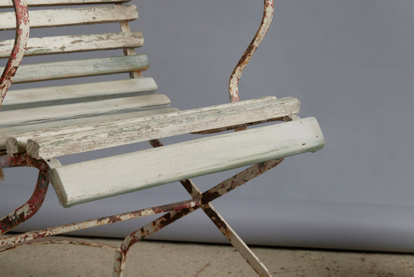 Iron and Wood Scroll Arm French Teak and Wood Garden Chair in Old White