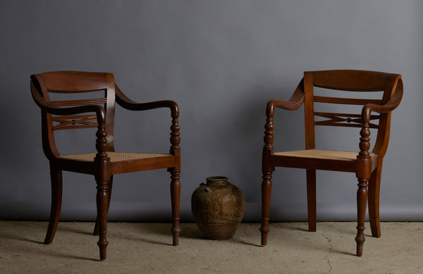 Pair of Rolled Arm Dutch Colonial Teak Side Chair with Turned legs and Rattan Seat