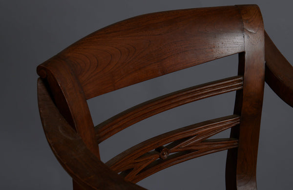 Pair of Rolled Arm Dutch Colonial Teak Side Chair with Turned legs and Rattan Seat