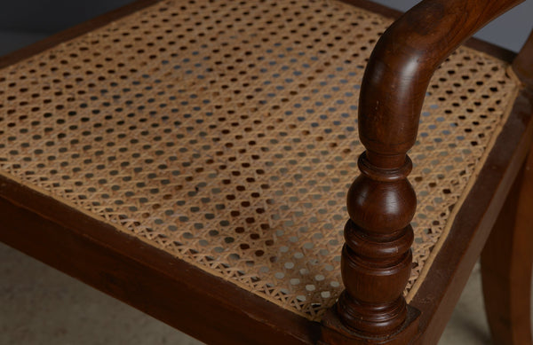 Pair of Rolled Arm Dutch Colonial Teak Side Chair with Turned legs and Rattan Seat