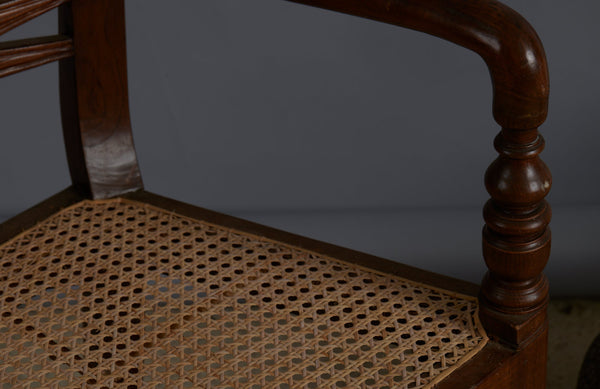 Pair of Rolled Arm Dutch Colonial Teak Side Chair with Turned legs and Rattan Seat