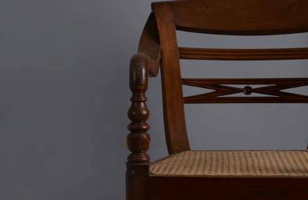 Pair of Rolled Arm Dutch Colonial Teak Side Chair with Turned legs and Rattan Seat