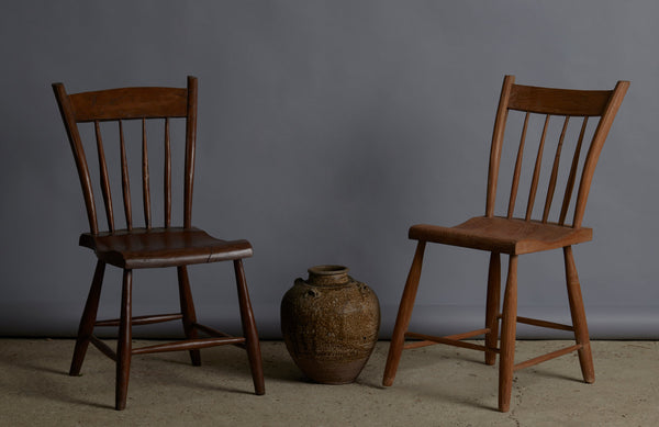 Pair of Primitive Plank Seats Spindled Back Dining Chairs