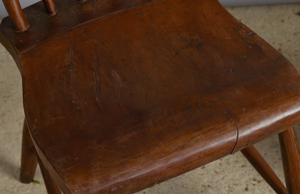 Pair of Primitive Plank Seats Spindled Back Dining Chairs