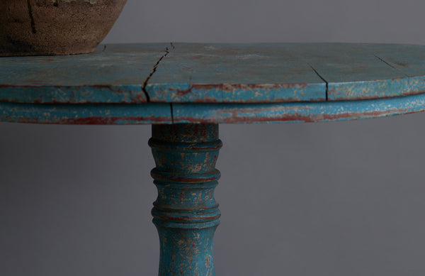Small Round Teak Blue Painted Side Table with Delicate Turn Base and Nice Worn Top