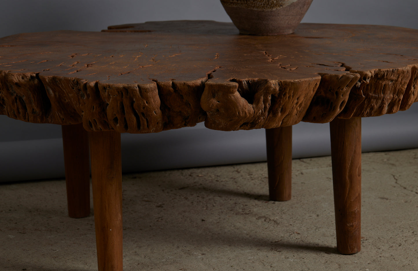 Coffee Table Made Out of an Ancient Slab of Old Growth Teak Mounted on Simple Legs