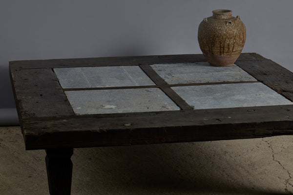 Large 5 foot Square Teak and Stone Coffee Table Incorporating 4 Pieces of Belgian Blue Stone