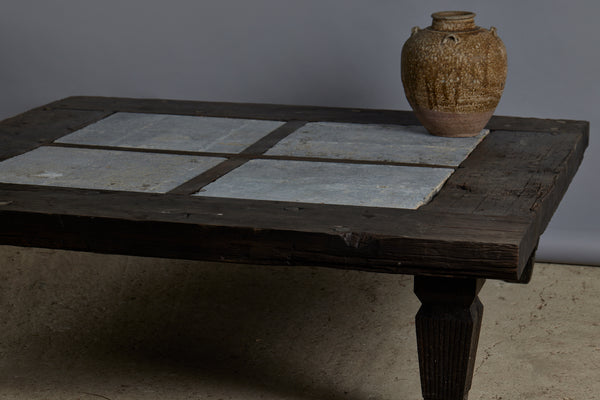 Large 5 foot Square Teak and Stone Coffee Table Incorporating 4 Pieces of Belgian Blue Stone