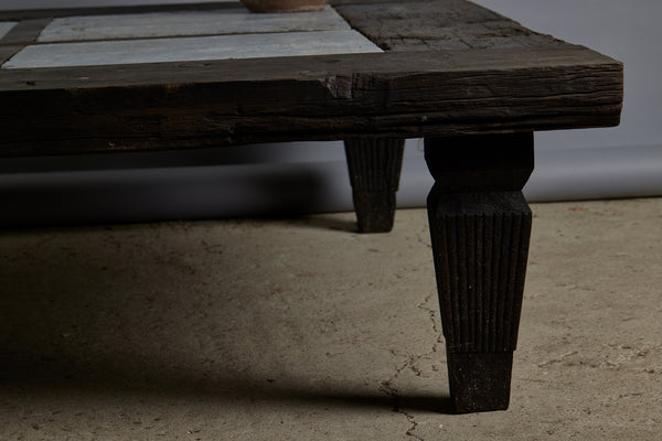 Large 5 foot Square Teak and Stone Coffee Table Incorporating 4 Pieces of Belgian Blue Stone