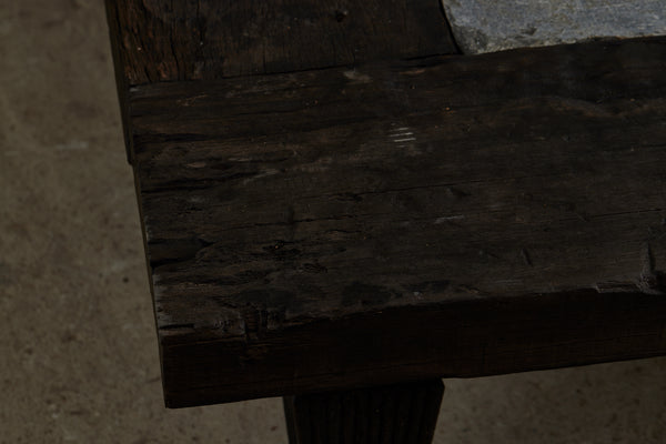 Large 5 foot Square Teak and Stone Coffee Table Incorporating 4 Pieces of Belgian Blue Stone