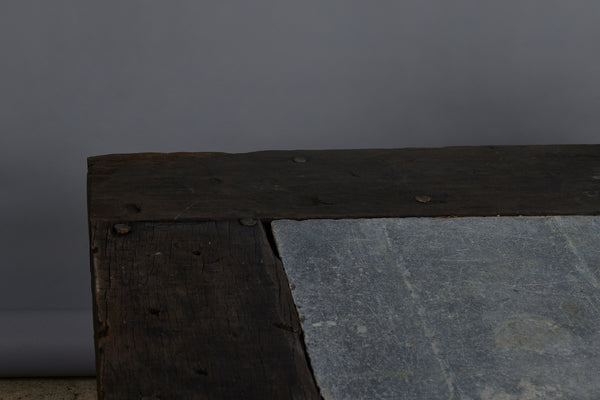 Large 5 foot Square Teak and Stone Coffee Table Incorporating 4 Pieces of Belgian Blue Stone