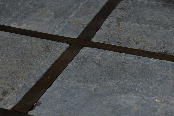 Large 5 foot Square Teak and Stone Coffee Table Incorporating 4 Pieces of Belgian Blue Stone