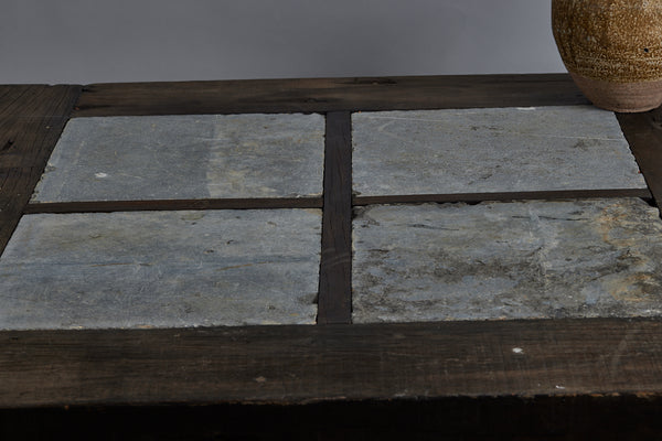 Large 5' Square Teak and Stone Coffee Table Incorporating 4 Pieces of Belgian Blue stone