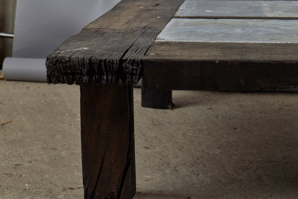 Large 5' Square Teak and Stone Coffee Table Incorporating 4 Pieces of Belgian Blue stone