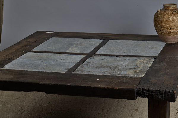 Large 5' Square Teak and Stone Coffee Table Incorporating 4 Pieces of Belgian Blue stone