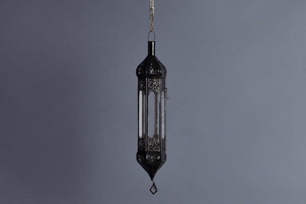 Small Bullet Shaped Tin & Glass Hanging Moroccan Lantern