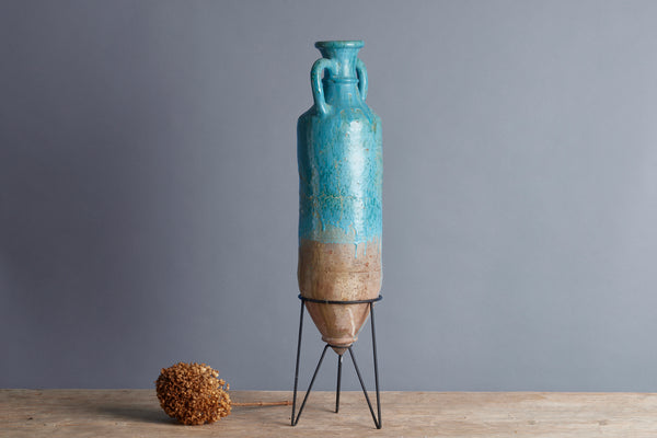 Blue Green Glaze Stoneware Amphora with a Tripod Iron Base from the Island of Borneo