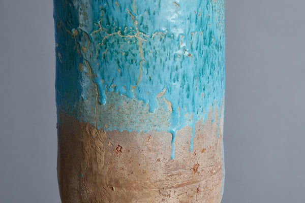Blue Green Glaze Stoneware Amphora with a Tripod Iron Base from the Island of Borneo