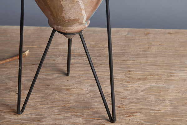 Blue Green Glaze Stoneware Amphora with a Tripod Iron Base from the Island of Borneo