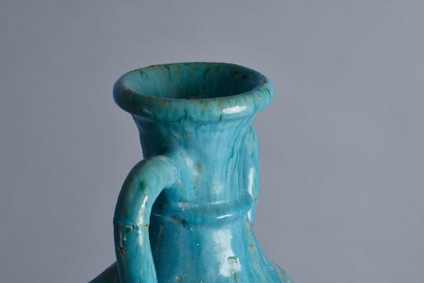 Blue Green Glaze Stoneware Amphora with a Tripod Iron Base from the Island of Borneo
