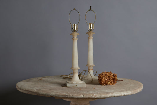 Early Pair of Italian 1910-1920 Fluted Column Alabaster Lamps