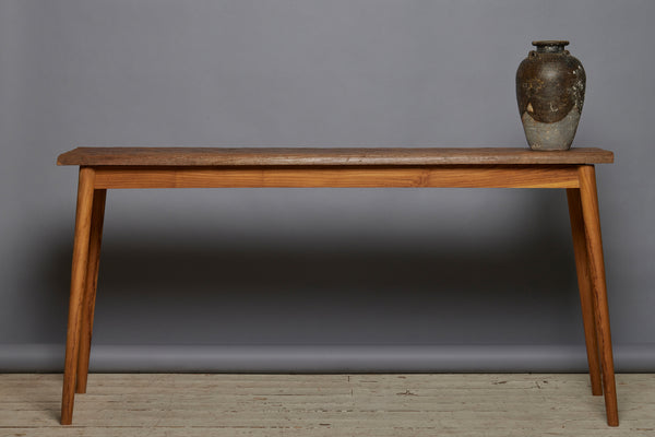 Old Thick Top Teak Console Table with Modern Turned Legs
