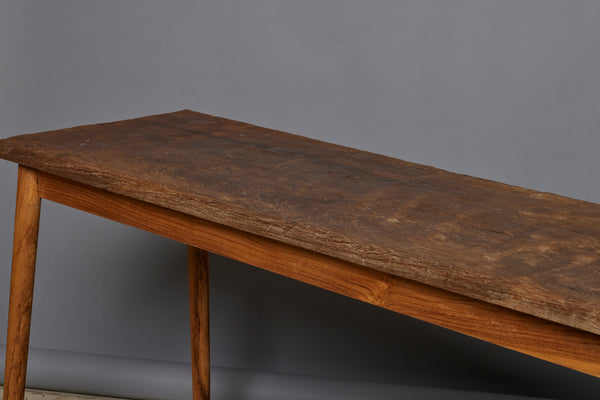 Old Thick Top Teak Console Table with Modern Turned Legs