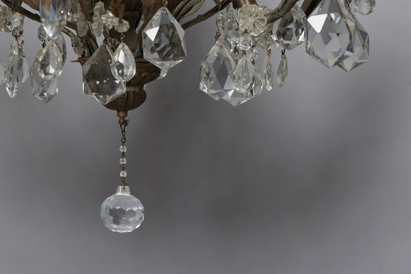 Six Arm Spanish Crystal  & Repoussé Brass Chandelier