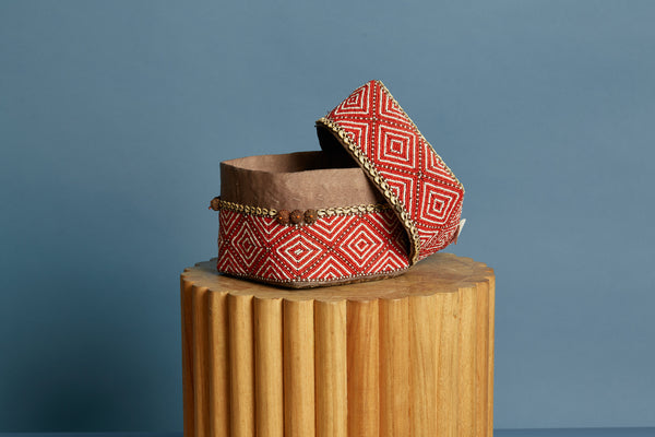 Medium Sized Red & White Beaded Box from Sumatra