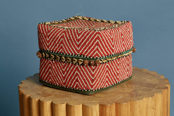 Large Red & white Herringbone Pattern Beaded Box from Sumatra