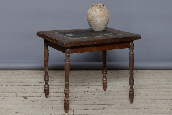 Altered 19th Century Dutch Colonial Teak Table with a Single Piece of 17th Century Belgian Blue Stone Inset on Top