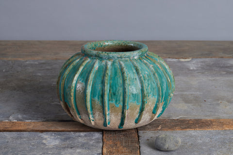 Larger Ribbed 19th Century Green Glaze Pot from Borneo