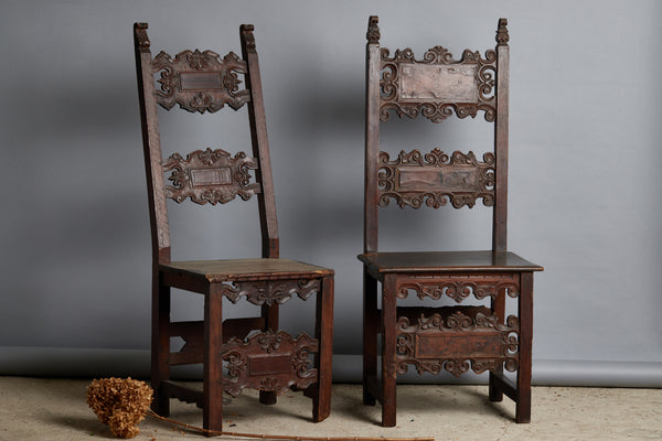 Pair of 17th Century Italian Walnut Hall Chairs